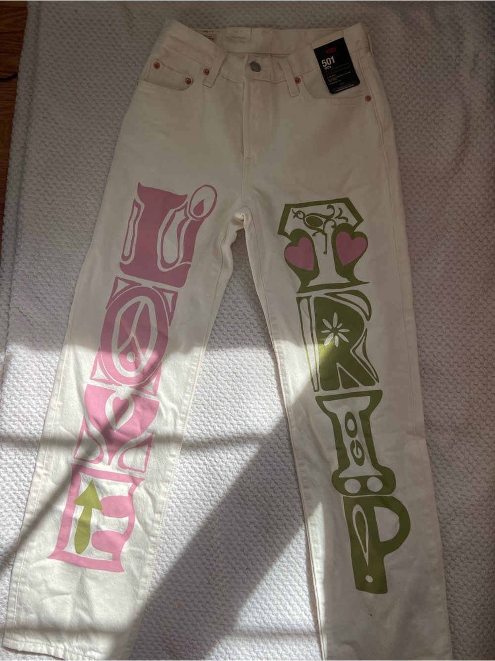 Levi's White Kids Jeans with Pink & Olive Green Graphic Panels